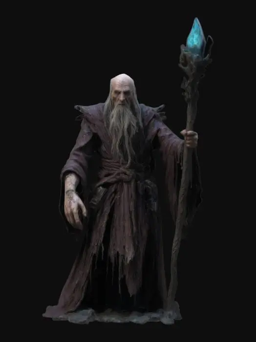 3D model for a decrepit sorcerer with tattered robes and hair, a mage from elden ring universe