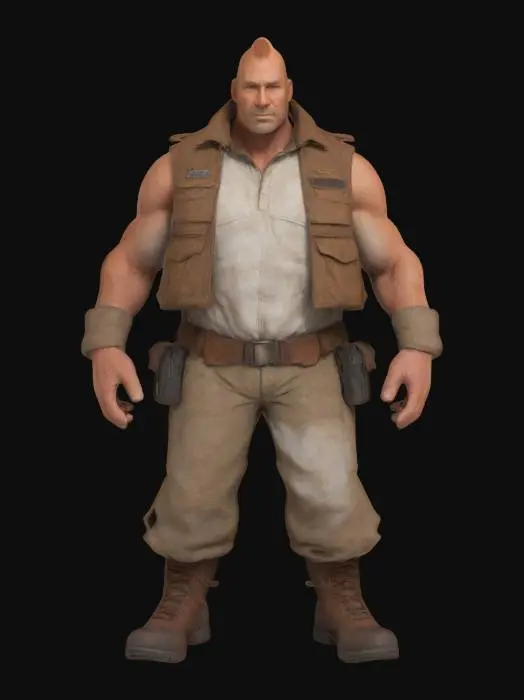 3D model for Roger Truegust is a 47 year old male human ranger.

He has cropped, wavy, auburn hair shaved on the left side and brown eyes.

He has soft, sunburned, white skin.

He stands 152cm (4'11") tall and has a regular build.

He has a round, average face with a short sideburns.