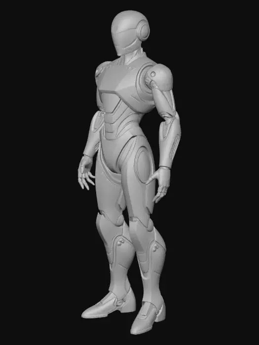 3D model for A sleek futuristic humanoid robot with a polished white and chrome metallic body, glowing blue LED accents on the chest and joints, angular geometric design, smooth reflective surfaces, advanced articulated limbs, transparent display panel on the chest showing holographic interface, standing in a confident pose, studio lighting, 8k, highly detailed, photorealistic, sci-fi aesthetic, clean minimalist design