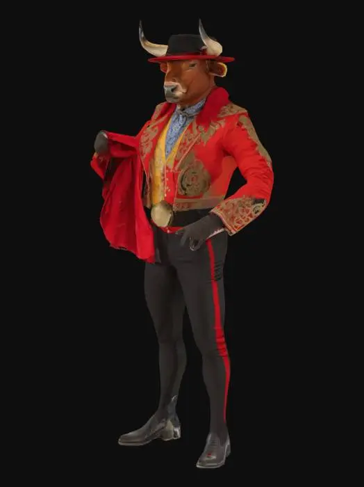 3D model for [Spain], a humanoid bull, dressed as a bullfighter, complete with a suit, pants, and closed toe shoes, holding a red cape in both of his hands, #AroundTheWorld#
