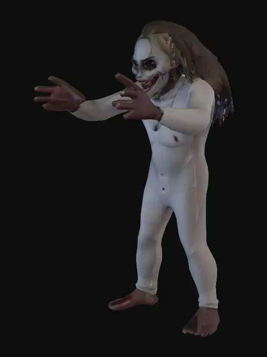 3D model for high quality horror attractive female character in A-pose, ultra fine detail full body, facing forward. similar to Harley Quinn (Hot Model) that covers her her lower portion of her face, the mask replaces her mouth with a anime teeth clenching. Her upper half of her face is very attractive and her eyes are beautiful and perfect with her mascara and eye liner streaked as though it's been smeared. Her cute outfit tightly fit and with rips and tears in it showing through sHe is wearing and dirty black workboots. Arms and legs slightly apart A-frame pose. Neutral background, no shadows, high detail texture, even lighting. Optimized Female Horror Character For Cinematic Film Scenes. Wacky Hair 2 Pigtails on the sides.