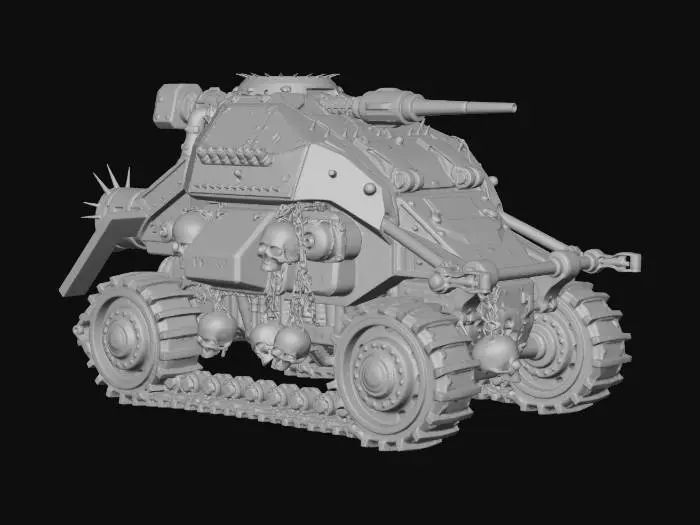 3D model for a model of a land speeder crawler at the scale of 1:60 and 28mm in size. there are railguns on the sides and a large rail weapon on the top turret. there are several spikes placed along the edges with human skulls hanging off on chains