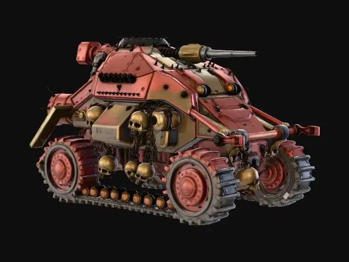 3D model for a model of a land speeder crawler at the scale of 1:60 and 28mm in size. there are railguns on the sides and a large rail weapon on the top turret. there are several spikes placed along the edges with human skulls hanging off on chains