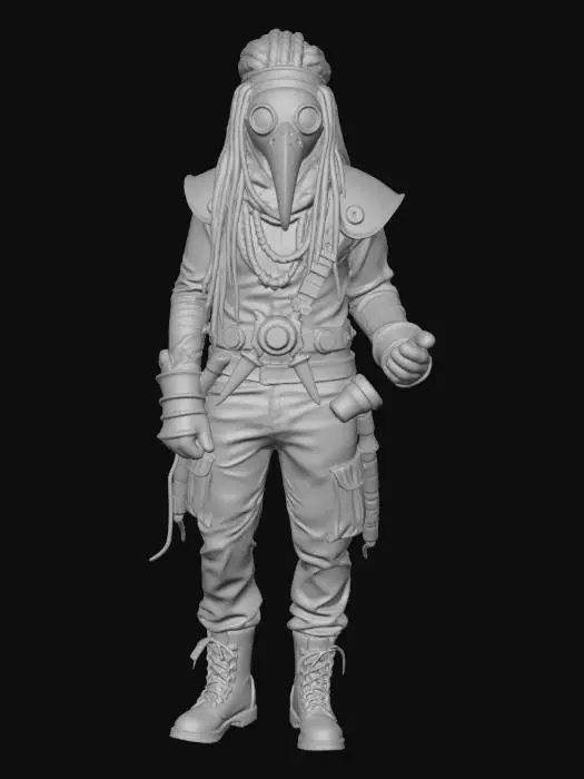 3D model for A steampunk plague doctor with a short beak and the clothes are odd and home-stitched out of old scraps of fabric (like the cleaners in Gachiakuta) he has long dread-locks hanging out of the back of the mask and short knives protruding from their right knuckle, fixed into their glove. Their face mask has brass round eye-holes resembling a porthole from a boat. The shoulder plates are oversized for the character