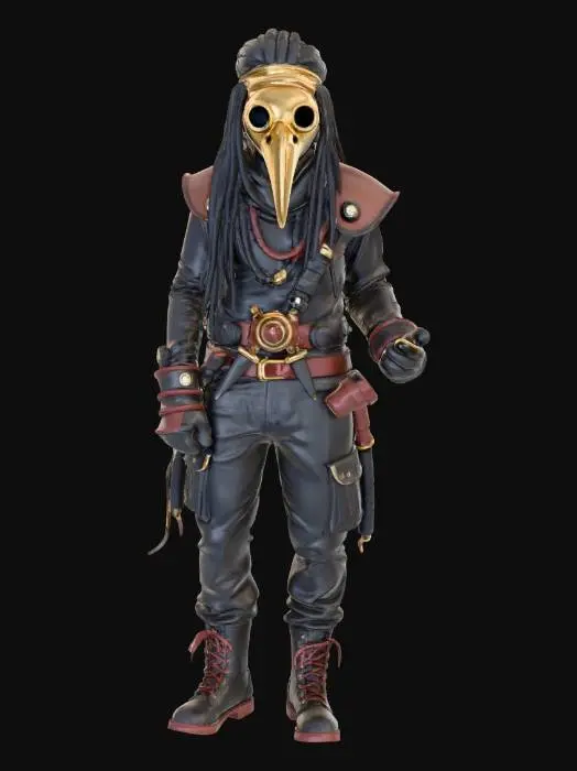 3D model for A steampunk plague doctor with a short beak and the clothes are odd and home-stitched out of old scraps of fabric (like the cleaners in Gachiakuta) he has long dread-locks hanging out of the back of the mask and short knives protruding from their right knuckle, fixed into their glove. Their face mask has brass round eye-holes resembling a porthole from a boat. The shoulder plates are oversized for the character