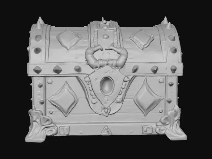 3D model for A hyper-detailed 3D model of an epic fantasy loot chest, ornate and majestic, forged from ancient dark steel with glowing golden inlays and arcane runes. The chest is reinforced with massive, spiked corners and intricate dragon motifs carved into the metal. Jewels shimmer across its surface — emeralds, sapphires, and glowing crimson crystals. The lock is shaped like a demonic eye, pulsating with magical energy. Weathered wood panels with metallic trims give it a rugged, battle-worn feel, while faint ethereal smoke leaks from the seams, suggesting immense treasure and forbidden magic within. Ultra high-poly detail, realistic textures, cinematic lighting, perfectly symmetrical, designed for AAA fantasy RPG aesthetics.