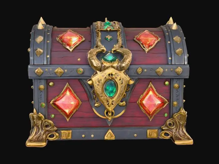 3D model for A hyper-detailed 3D model of an epic fantasy loot chest, ornate and majestic, forged from ancient dark steel with glowing golden inlays and arcane runes. The chest is reinforced with massive, spiked corners and intricate dragon motifs carved into the metal. Jewels shimmer across its surface — emeralds, sapphires, and glowing crimson crystals. The lock is shaped like a demonic eye, pulsating with magical energy. Weathered wood panels with metallic trims give it a rugged, battle-worn feel, while faint ethereal smoke leaks from the seams, suggesting immense treasure and forbidden magic within. Ultra high-poly detail, realistic textures, cinematic lighting, perfectly symmetrical, designed for AAA fantasy RPG aesthetics.