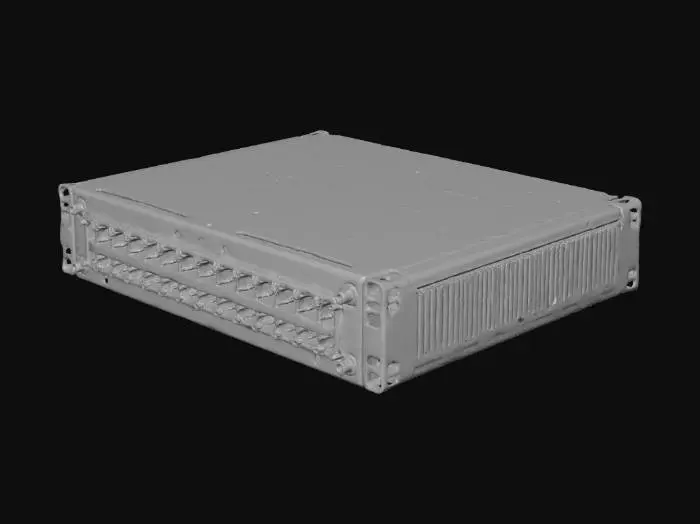 3D model for Create an ultra-realistic 3D model of a professional rack-mounted network switch for use in WebXR. The model should feature a metallic rectangular casing with brushed aluminum or matte steel textures, realistic ventilation grills on the sides, and finely detailed screws. The front panel must include multiple RJ45 Ethernet ports with accurate geometry, glowing green/orange indicator LEDs, and clearly visible labeling above each port. Surfaces should have subtle wear marks, fingerprints, and light reflections to enhance realism, while maintaining efficient polycount and clean UV mapping for WebXR. Ensure true-to-life proportions and accurate PBR materials (metalness, roughness, normal maps) for a lifelike industrial look