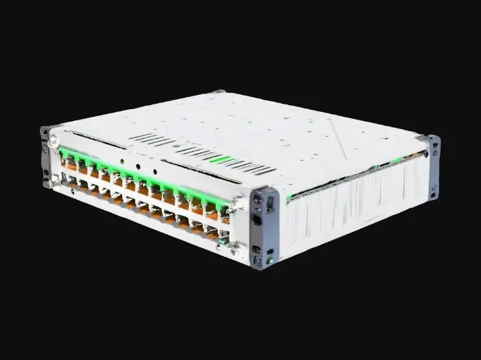 3D model for Create an ultra-realistic 3D model of a professional rack-mounted network switch for use in WebXR. The model should feature a metallic rectangular casing with brushed aluminum or matte steel textures, realistic ventilation grills on the sides, and finely detailed screws. The front panel must include multiple RJ45 Ethernet ports with accurate geometry, glowing green/orange indicator LEDs, and clearly visible labeling above each port. Surfaces should have subtle wear marks, fingerprints, and light reflections to enhance realism, while maintaining efficient polycount and clean UV mapping for WebXR. Ensure true-to-life proportions and accurate PBR materials (metalness, roughness, normal maps) for a lifelike industrial look