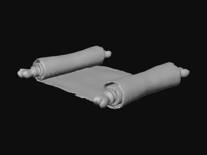 3D model for Create a realistic ancient parchment scroll. The scroll should be made of aged, yellowed parchment with rough edges, subtle stains, and natural texture. Show it partially unrolled with visible creases and slight curling. Add faint handwritten markings or faded ink to emphasize its age. Wooden or bone rods at the ends should look worn and handcrafted.