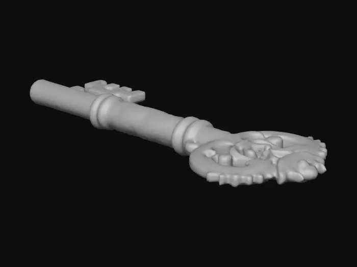 3D model for Create a realistic medieval golden key. The key should look handcrafted with an ornate design, featuring intricate engravings and a polished yet slightly aged gold surface. Show subtle wear, small scratches, and rich metal reflections. The bow should be decorative, the shaft sturdy, and the bit detailed, evoking authentic medieval craftsmanship