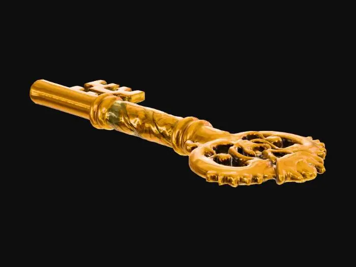 3D model for Create a realistic medieval golden key. The key should look handcrafted with an ornate design, featuring intricate engravings and a polished yet slightly aged gold surface. Show subtle wear, small scratches, and rich metal reflections. The bow should be decorative, the shaft sturdy, and the bit detailed, evoking authentic medieval craftsmanship