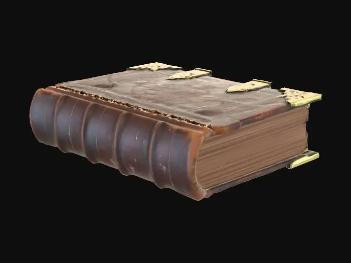 3D model for Create a realistic medieval leather-bound Bible. The book should have thick, aged leather covers with visible texture, cracks, and handcrafted stitching. Add ornate metal corners or clasps, subtle embossed patterns, and slightly worn edges. The spine should appear sturdy and old, reflecting authentic medieval craftsmanship. The overall look must feel ancient, heavy, and richly detailed.