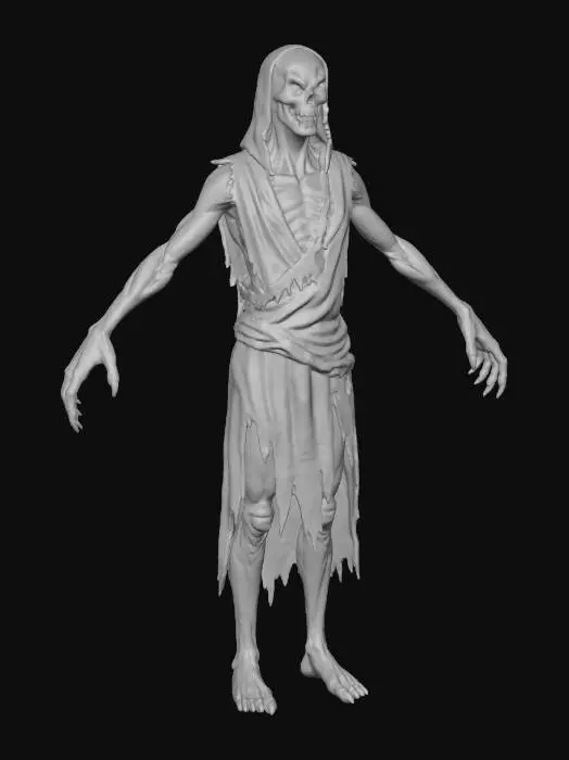 3D model for Create a realistic medieval-style demonic entity with an unconventional design, avoiding typical horns. The creature should have an eerie, otherworldly appearance: elongated skeletal features, pale cracked skin, and multiple eyes arranged in unnatural patterns. Its mouth should stretch too wide, with sharp uneven teeth, and its limbs should be long and contorted like those of an emaciated beast. Add subtle supernatural elements such as faint glowing runes under the skin, shadowy tendrils drifting from its body, or a slight distortion in the air around it. The atmosphere should resemble medieval dark fantasy art, with dim torchlight and ancient stone surroundings highlighting the creature’s unsettling silhouette.