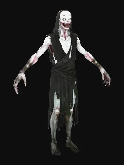 3D model for Create a realistic medieval-style demonic entity with an unconventional design, avoiding typical horns. The creature should have an eerie, otherworldly appearance: elongated skeletal features, pale cracked skin, and multiple eyes arranged in unnatural patterns. Its mouth should stretch too wide, with sharp uneven teeth, and its limbs should be long and contorted like those of an emaciated beast. Add subtle supernatural elements such as faint glowing runes under the skin, shadowy tendrils drifting from its body, or a slight distortion in the air around it. The atmosphere should resemble medieval dark fantasy art, with dim torchlight and ancient stone surroundings highlighting the creature’s unsettling silhouette.