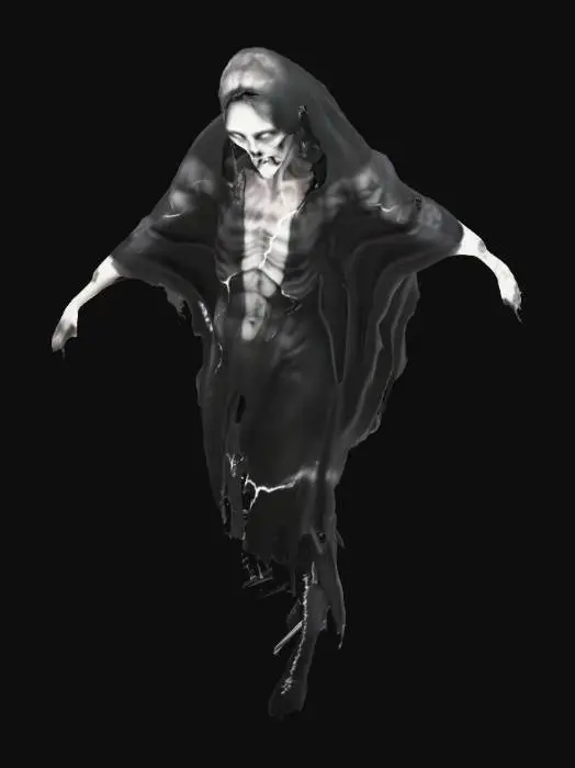 3D model for Create a hyper-realistic dark tortured spirit. The entity should have a gaunt, twisted face, hollow glowing eyes, and a mouth stretched in a silent scream. Its emaciated body appears unstable and shifting, with cracked translucent skin releasing faint ghostly light. Dark mist clings to its form, with subtle distorted shapes emerging from within. Emphasize its agonized expression, unnatural anatomy, and deeply haunting, oppressive presence.