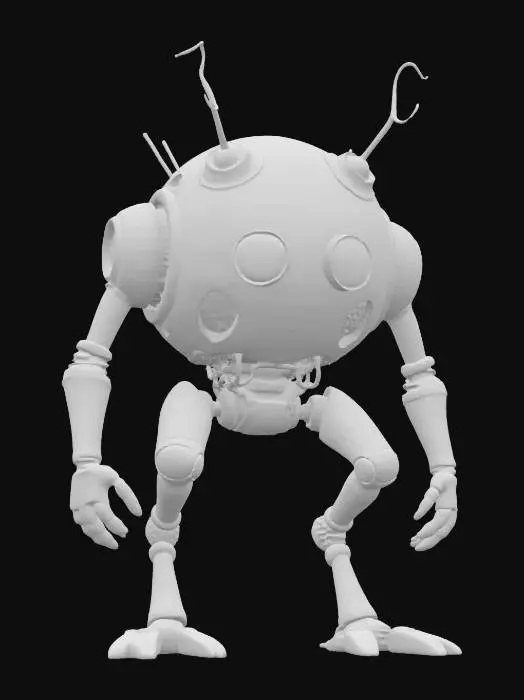 3D model for An imposing, rusted insectoid creature lumbers on segmented, plating-covered limbs. Its bulbous torso is a dense coil of corroded copper wires and repurposed, dented speaker grilles, emitting faint crackling sounds. Dark, tarnished antennae twitch, while several dull green, glass-like cores pulse faintly within the metallic jumble. The overall surface feels coarse and flaky, a stark, aged brown and verdigris green, suggesting years of decay.