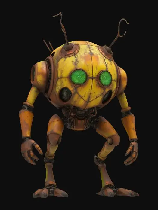 3D model for An imposing, rusted insectoid creature lumbers on segmented, plating-covered limbs. Its bulbous torso is a dense coil of corroded copper wires and repurposed, dented speaker grilles, emitting faint crackling sounds. Dark, tarnished antennae twitch, while several dull green, glass-like cores pulse faintly within the metallic jumble. The overall surface feels coarse and flaky, a stark, aged brown and verdigris green, suggesting years of decay.