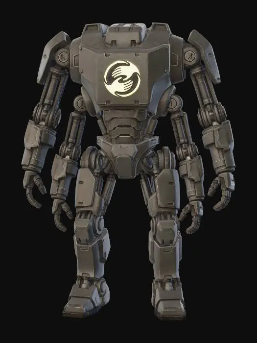 3D model for A formidable, four-armed robotic guardian, its body cast from dark, matte titanium with visible, heavy-duty hydraulic pistons. Its broad chest bears an etched, glowing symbol of interlocking hands, radiating a soft, golden light. The robot's powerful, articulated limbs and stable, blocky base emphasize defensive strength and solidarity, rendered with a rugged, industrial texture contrasted by the sleek, glowing emblem of community.