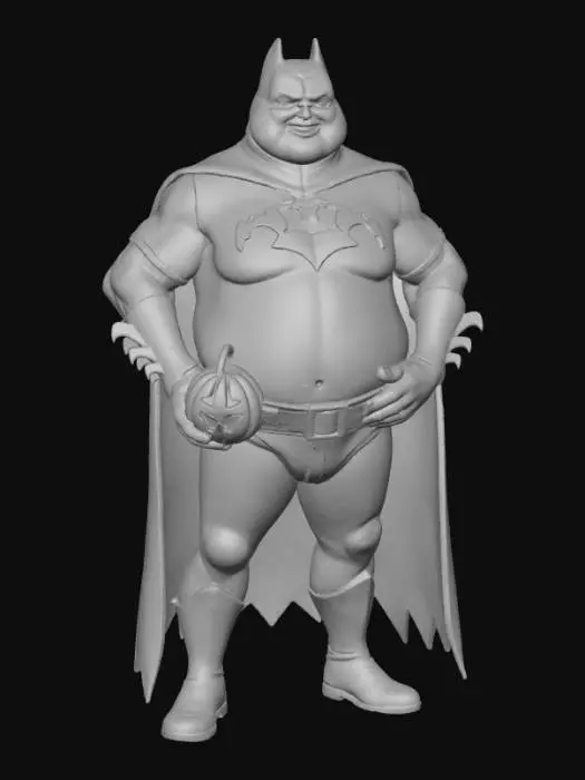 3D model for A slightly chubby 50-year-old man proudly standing in a Batman costume, holding an orange Halloween pumpkin bucket in one hand. His round belly is slightly sticking out from under the tight shirt, adding a humorous and endearing touch. He is smiling confidently, striking a heroic pose with pride and charm. The scene is lighthearted and playful, set in a festive Halloween atmosphere with soft lighting and perhaps a few spooky decorations in the background. , #Halloween2025#