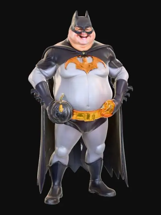 3D model for A slightly chubby 50-year-old man proudly standing in a Batman costume, holding an orange Halloween pumpkin bucket in one hand. His round belly is slightly sticking out from under the tight shirt, adding a humorous and endearing touch. He is smiling confidently, striking a heroic pose with pride and charm. The scene is lighthearted and playful, set in a festive Halloween atmosphere with soft lighting and perhaps a few spooky decorations in the background. , #Halloween2025#