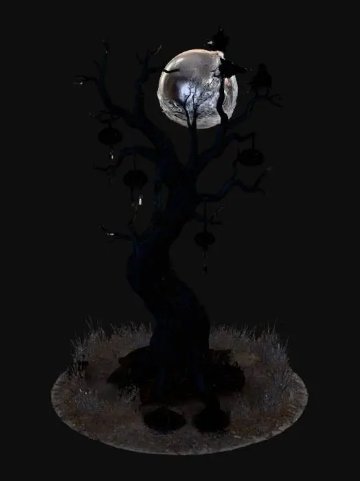 3D model for A spooky, leafless tree in a Halloween-themed setting. The tree is tall and gnarled, with twisted, bare branches reaching out like skeletal fingers. Its bark is dark and weathered, and it stands alone in a foggy, eerie landscape under a dim, cloudy moonlit sky. Creepy elements surround it — perhaps hanging lanterns shaped like jack-o'-lanterns, cobwebs stretched between branches, or a few perched crows watching silently. The atmosphere is haunting and mysterious, perfect for a Halloween scene. , #Halloween2025#