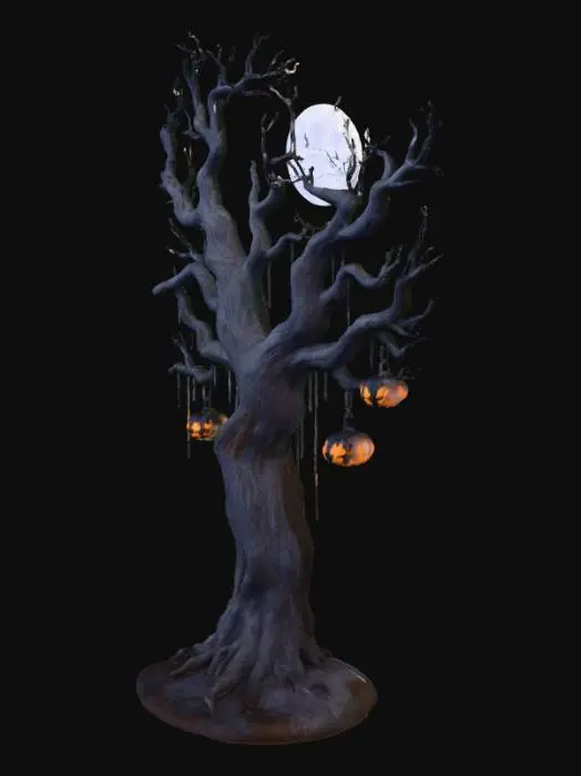 3D model for A spooky, leafless tree in a Halloween-themed setting. The tree is tall and gnarled, with twisted, bare branches reaching out like skeletal fingers. Its bark is dark and weathered, and it stands alone in a foggy, eerie landscape under a dim, cloudy moonlit sky. Creepy elements surround it — perhaps hanging lanterns shaped like jack-o'-lanterns, cobwebs stretched between branches, or a few perched crows watching silently. The atmosphere is haunting and mysterious, perfect for a Halloween scene. , #Halloween2025#
