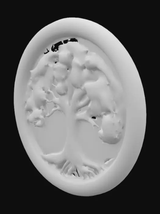 3D model for A delicate emblem with intricate golden metalwork. The design is a tree flowing with life. The tree is made of golden strands. The emblem is round and features shiny gold. #emblem#