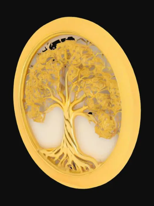 3D model for A delicate emblem with intricate golden metalwork. The design is a tree flowing with life. The tree is made of golden strands. The emblem is round and features shiny gold. #emblem#
