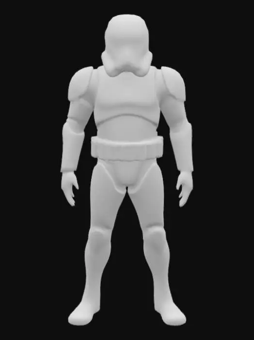 3D model for A formidable clonetrooper-like soldier stands at attention, clad in sleek, segmented white duraplast armor that gleams under light, showing subtle scuff marks and wear from combat. Its helmet is stark white with dark, visor-like eye slits and a pronounced T-shape. The armor plates are smooth yet robust, hinting at a rigid, protective shell, with black joint seals providing flexibility. Its posture is rigid and disciplined, exuding readiness.