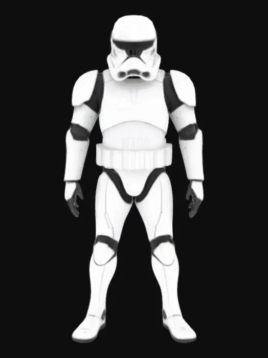 3D model for A formidable clonetrooper-like soldier stands at attention, clad in sleek, segmented white duraplast armor that gleams under light, showing subtle scuff marks and wear from combat. Its helmet is stark white with dark, visor-like eye slits and a pronounced T-shape. The armor plates are smooth yet robust, hinting at a rigid, protective shell, with black joint seals providing flexibility. Its posture is rigid and disciplined, exuding readiness.