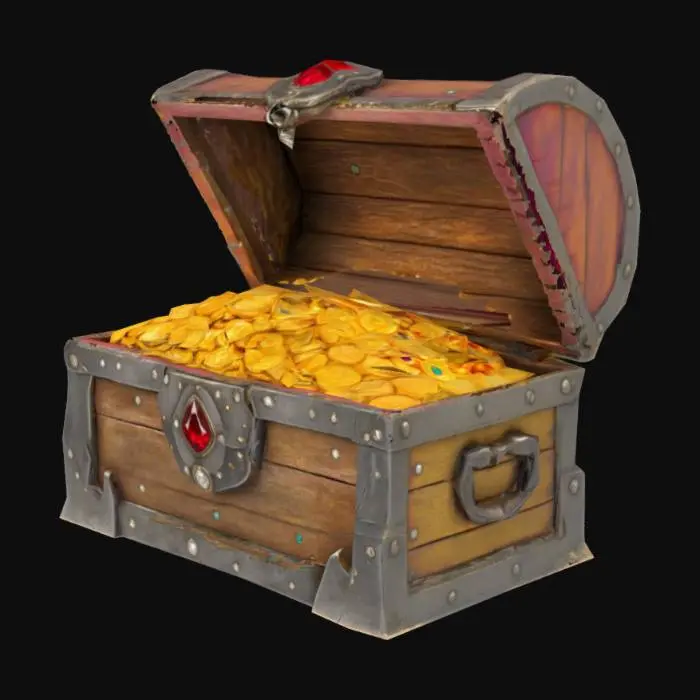 3D model for A tresure chest with an open lid. Highly detailed. beaten. Rough. Gold coins gleaming. Rubies diamonds and opals. The chest is full to the top with dubloons and jewels. The chest is beaten and worn. 