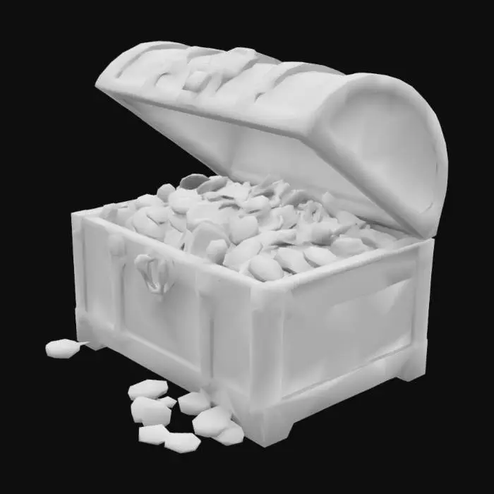 3D model for A tresure chest with an open lid. Highly detailed. beaten. Rough. Gold coins gleaming. Rubies diamonds and opals. The chest is full to the top with dubloons and jewels. The chest is beaten and worn. 