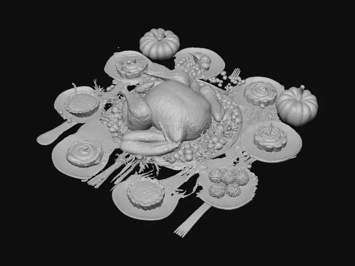 3D model for #Thanksgiving#, highly detailed 3D Thanksgiving feast centerpiece: a perfectly roasted golden-brown turkey with crisp, textured skin, surrounded by rich seasonal foods—cranberries, mashed potatoes with creamy swirls, corn on the cob, baked pumpkins, pies, herbs, and warm autumn leaves. Use high-poly clean topology, 4K PBR textures, realistic reflections, natural proportions, and soft golden cinematic lighting. Add steam, subtle imperfections, rustic tablecloth fabric, candles, and small decorative gourds to enhance warmth and atmosphere.
Include small decorative elements like candles, miniature gourds, and rustic cloth textures on the table.
Style: ultra-realistic, 4K PBR textures, high-poly mesh suitable for close-up inspection, physically accurate lighting and materials, natural shadows