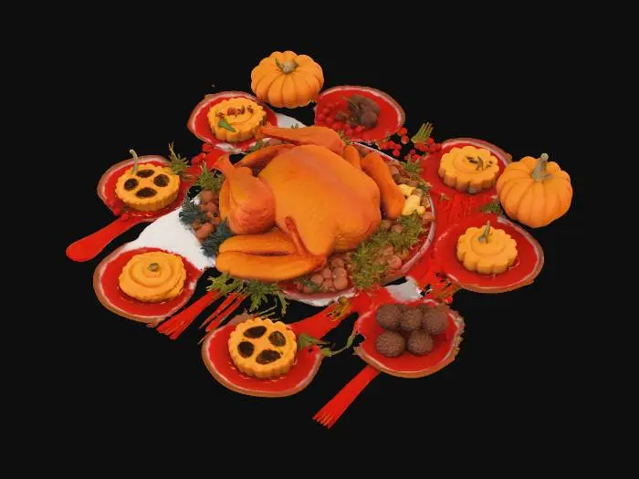 3D model for #Thanksgiving#, highly detailed 3D Thanksgiving feast centerpiece: a perfectly roasted golden-brown turkey with crisp, textured skin, surrounded by rich seasonal foods—cranberries, mashed potatoes with creamy swirls, corn on the cob, baked pumpkins, pies, herbs, and warm autumn leaves. Use high-poly clean topology, 4K PBR textures, realistic reflections, natural proportions, and soft golden cinematic lighting. Add steam, subtle imperfections, rustic tablecloth fabric, candles, and small decorative gourds to enhance warmth and atmosphere.
Include small decorative elements like candles, miniature gourds, and rustic cloth textures on the table.
Style: ultra-realistic, 4K PBR textures, high-poly mesh suitable for close-up inspection, physically accurate lighting and materials, natural shadows