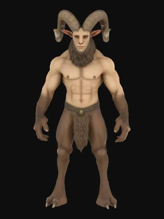 3D model for  [Greece] Create a highly detailed 3D model of a Satyr — a mythical creature with the upper body of a human (muscular torso, arms, and head) and the lower body resembling that of a goat. The satyr should have goat-like legs covered in fur, cloven hooves. Include realistic textures for the human skin, goat fur, and hooves. , #AroundTheWorld#