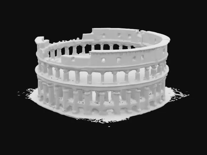 3D model for Ancient Roman-style colosseum battle arena, large circular stone structure with tall arches and ruined walls,open sky above, sand-covered ground with scattered weapons and shields, grand entrance gates, Highly Detailed