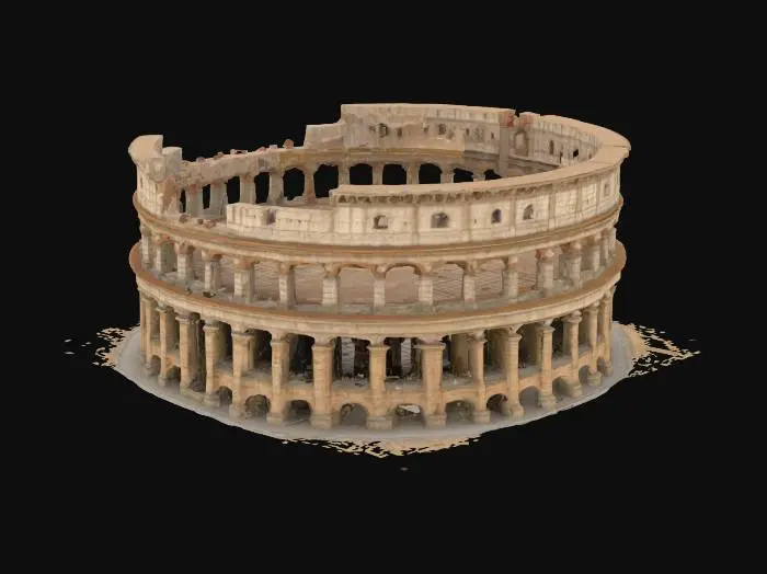 3D model for Ancient Roman-style colosseum battle arena, large circular stone structure with tall arches and ruined walls,open sky above, sand-covered ground with scattered weapons and shields, grand entrance gates, Highly Detailed