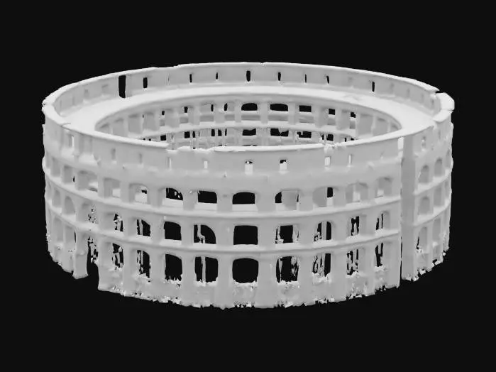 3D model for Ancient Roman-style colosseum battle arena, large circular stone structure with tall arches and ruined walls,open sky above, sand-covered ground with scattered weapons and shields, grand entrance gates, Highly Detailed