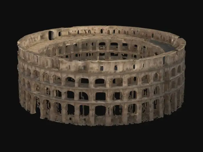 3D model for Ancient Roman-style colosseum battle arena, large circular stone structure with tall arches and ruined walls,open sky above, sand-covered ground with scattered weapons and shields, grand entrance gates, Highly Detailed