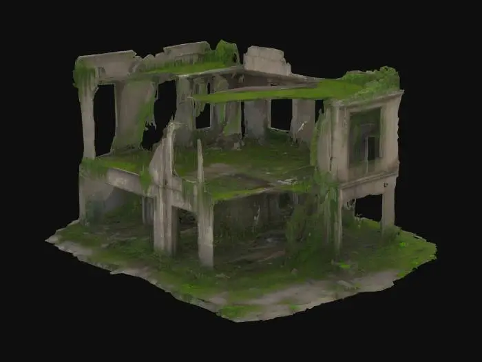 3D model for Post-apocalyptic ruined building, abandoned, overgrown with vegetation, destroyed windows and walls,High detailed, #arch#