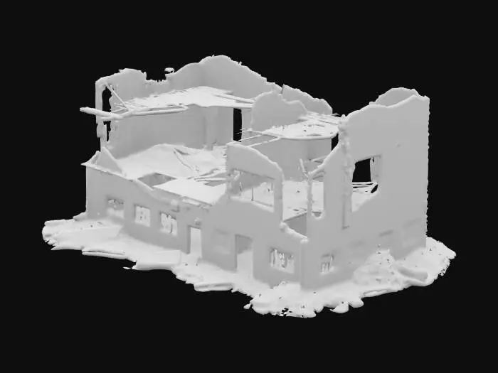 3D model for destroyed building, partially collapsed with broken walls, exposed steel beams, shattered windows, post-apocalyptic atmosphere