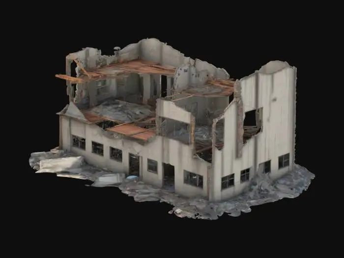 3D model for destroyed building, partially collapsed with broken walls, exposed steel beams, shattered windows, post-apocalyptic atmosphere