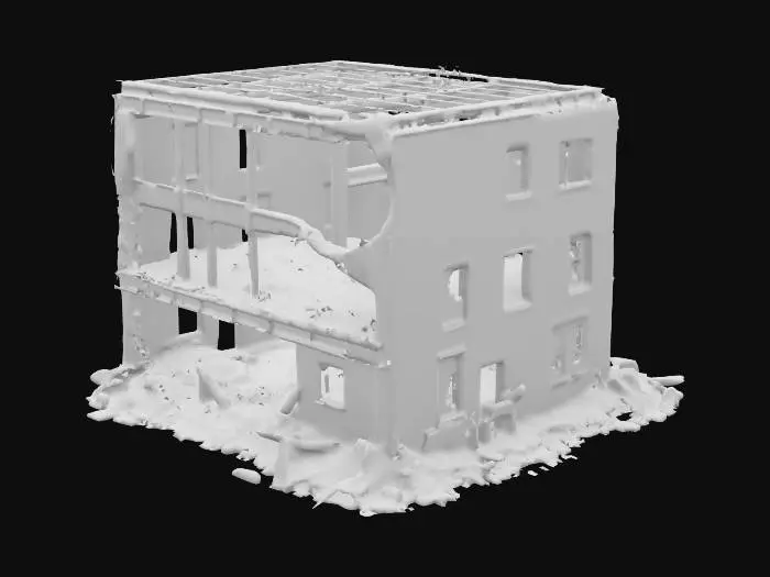 3D model for destroyed building, partially collapsed with broken walls, exposed steel beams, shattered windows, post-apocalyptic atmosphere