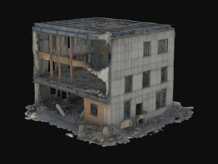 3D model for destroyed building, partially collapsed with broken walls, exposed steel beams, shattered windows, post-apocalyptic atmosphere