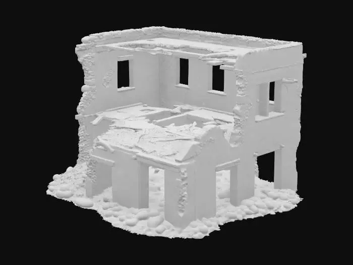3D model for destroyed building, partially collapsed with broken walls, exposed steel beams, shattered windows, post-apocalyptic atmosphere