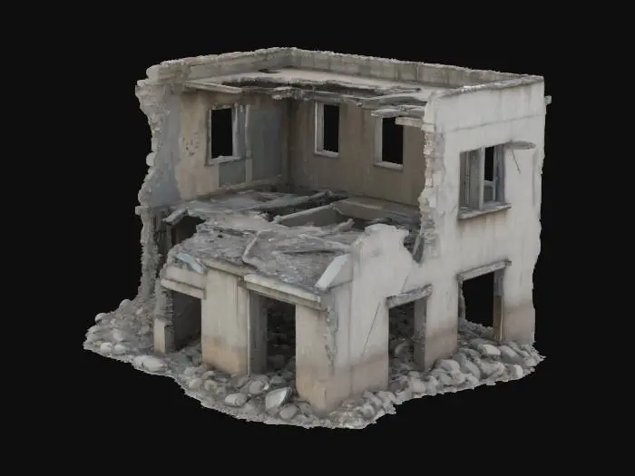 3D model for destroyed building, partially collapsed with broken walls, exposed steel beams, shattered windows, post-apocalyptic atmosphere