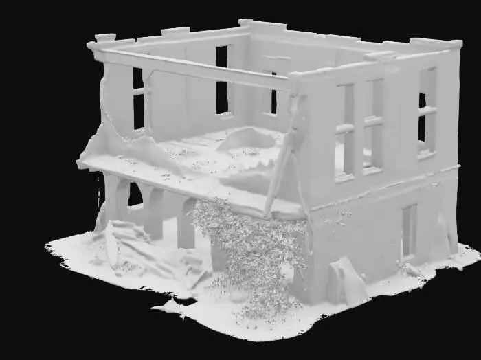 3D model for destroyed building, partially collapsed with broken walls, exposed steel beams, shattered windows, post-apocalyptic atmosphere