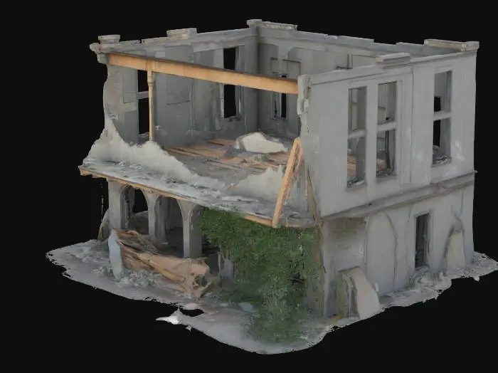 3D model for destroyed building, partially collapsed with broken walls, exposed steel beams, shattered windows, post-apocalyptic atmosphere