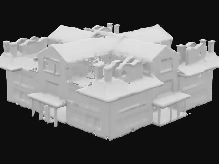 3D model for destroyed public school building, with broken classroom windows, collapsed roof sections, overgrown weeds creeping through the floor, abandoned playground visible in the background,Ultra realistic,high detailed